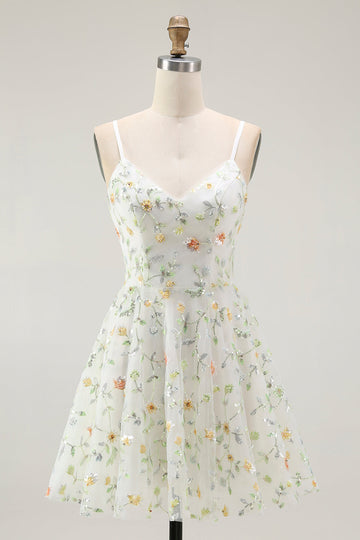 Green Floral A Line Spaghetti Straps Short Prom Dress